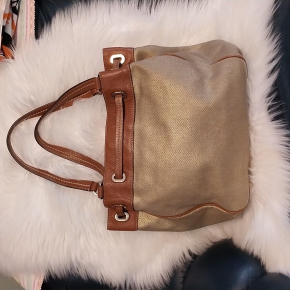 3656 Large Michael Kors Drawstring Satchel Shoulder Bag Sparkly Fabric /Leather - Picture 6 of 12